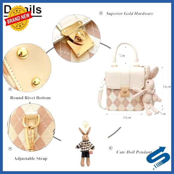 Quilted Faux Leather Satchel Shoulder Bag with Bunny Pendant Crossbody - Picture 4 of 7